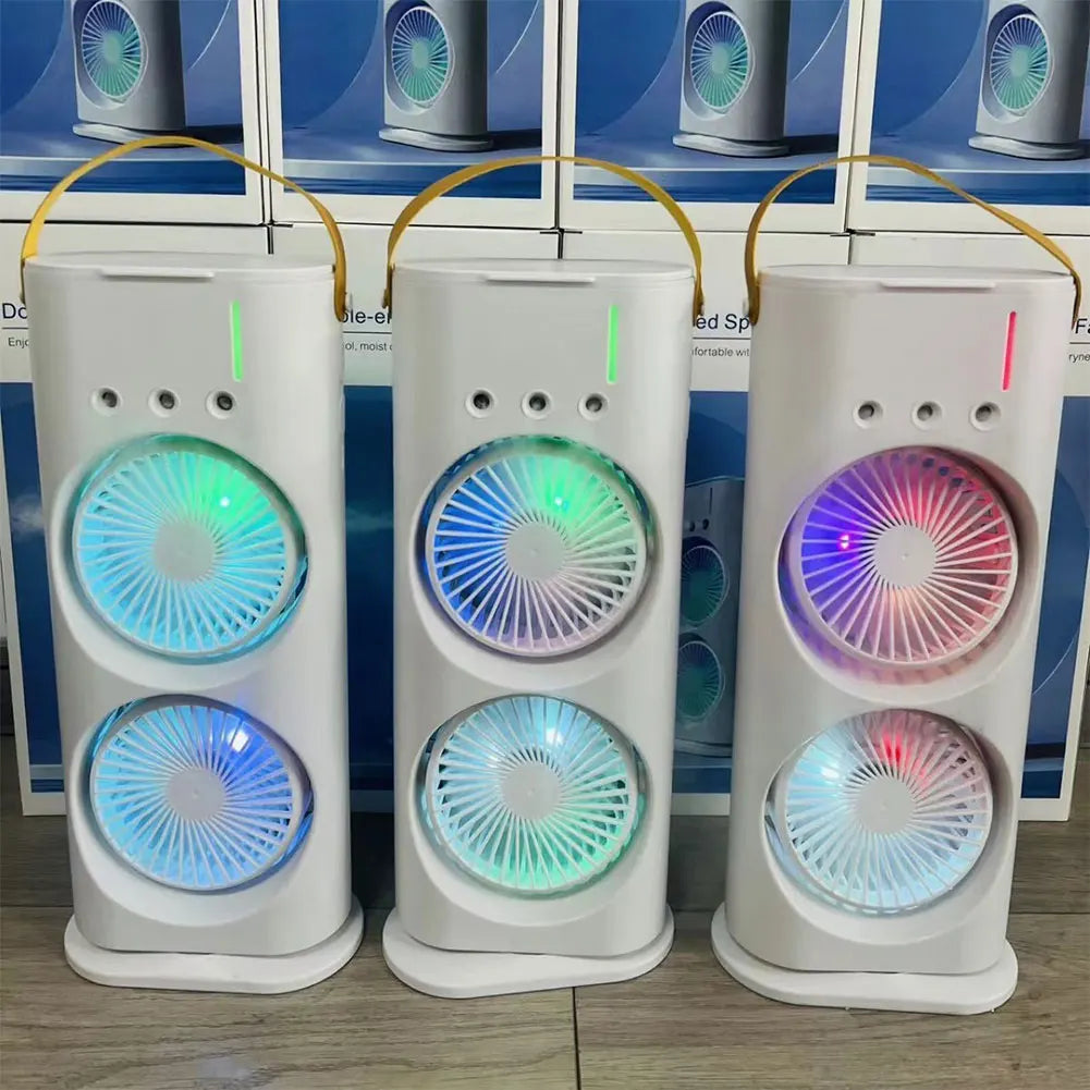 Double Fan Three-Hole Spray Humidification Fan Water Cooling Fan 3 Speeds Rechargeable/Usb with RGB Light Humidifier for Home