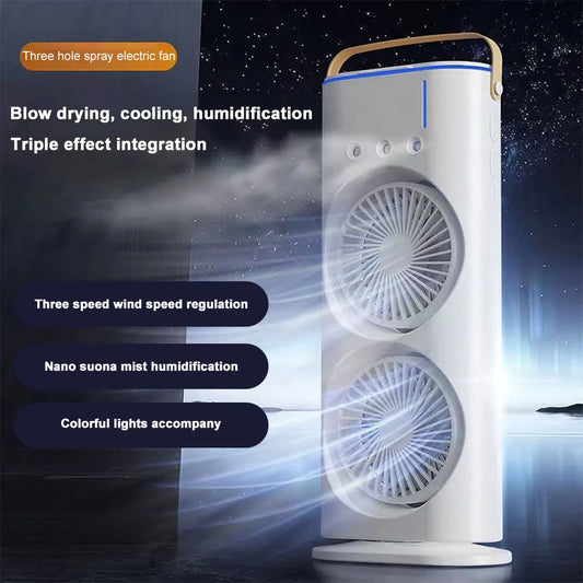Double Fan Three-Hole Spray Humidification Fan Water Cooling Fan 3 Speeds Rechargeable/Usb with RGB Light Humidifier for Home