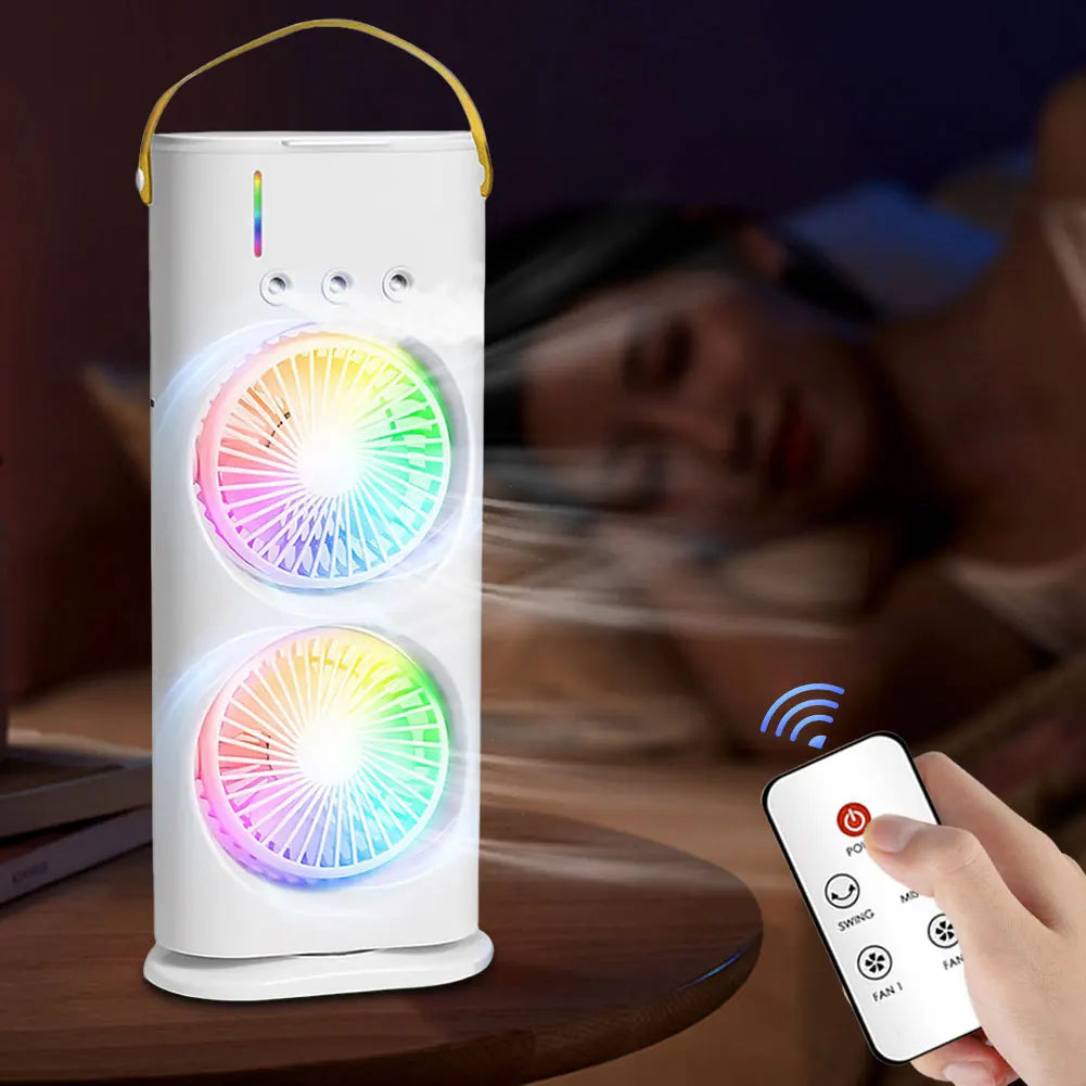Double Fan Three-Hole Spray Humidification Fan Water Cooling Fan 3 Speeds Rechargeable/Usb with RGB Light Humidifier for Home