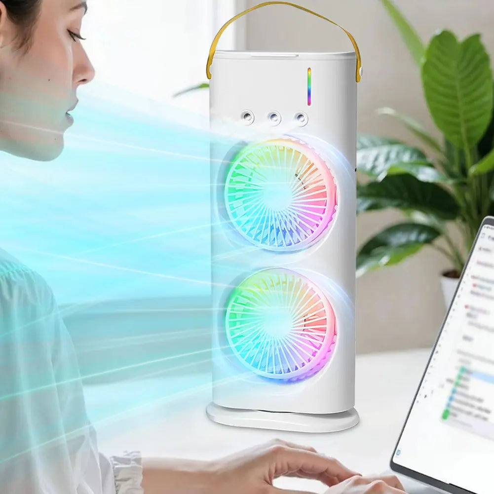 Double Fan Three-Hole Spray Humidification Fan Water Cooling Fan 3 Speeds Rechargeable/Usb with RGB Light Humidifier for Home