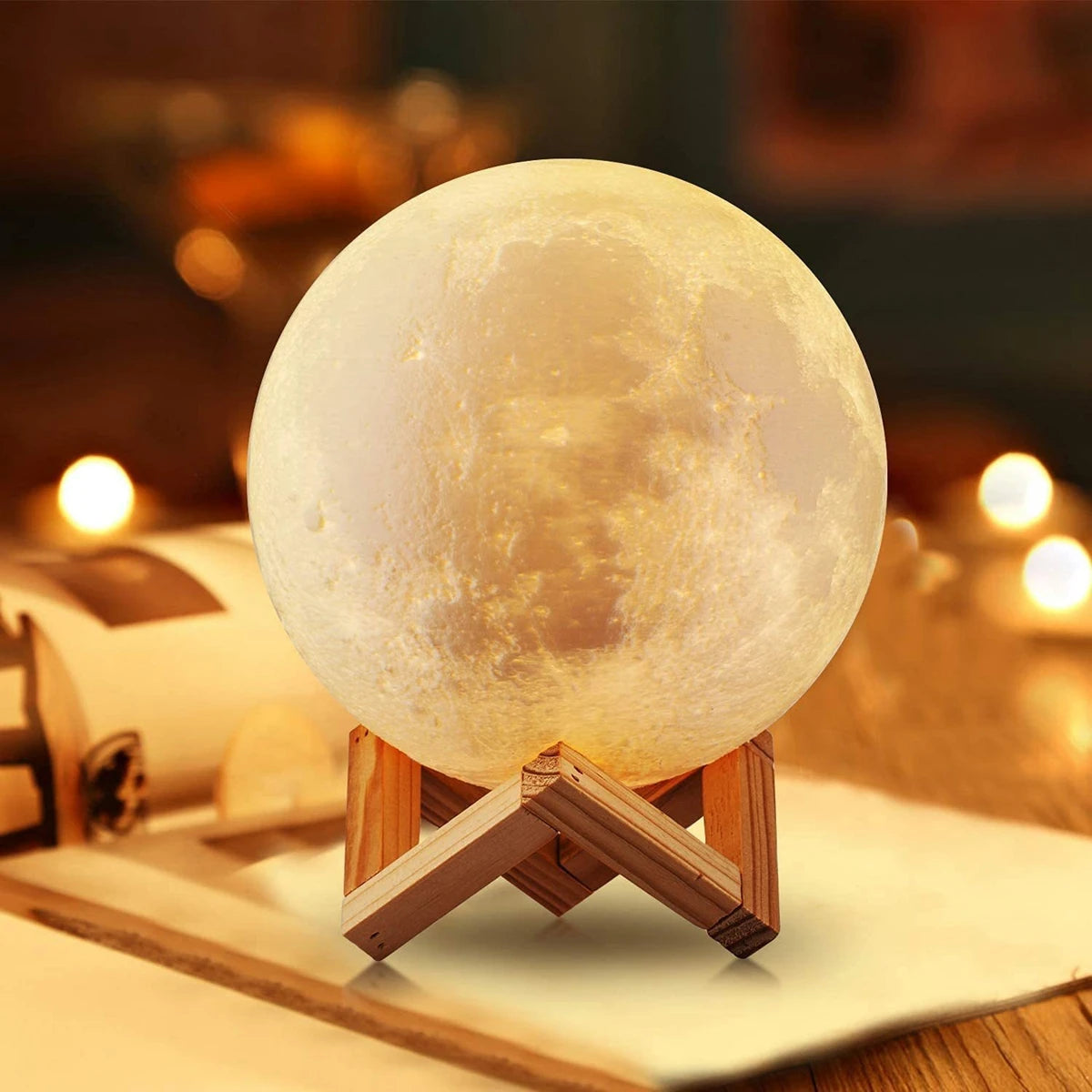 8cm LED Moon Lamp with Wooden Stand – Bedroom Night Light