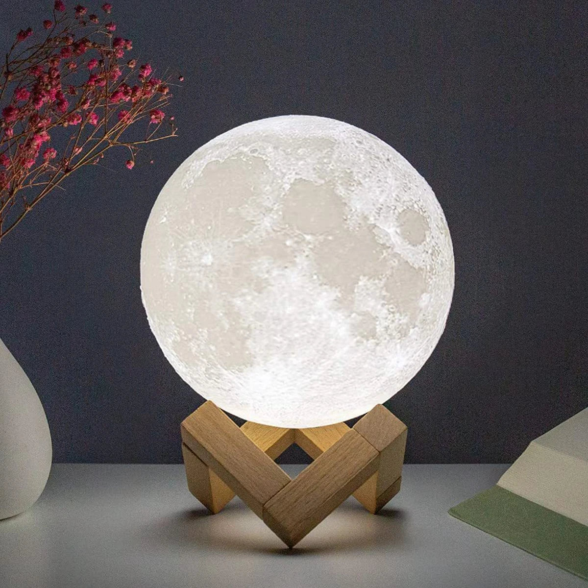 8cm LED Moon Lamp with Wooden Stand – Bedroom Night Light